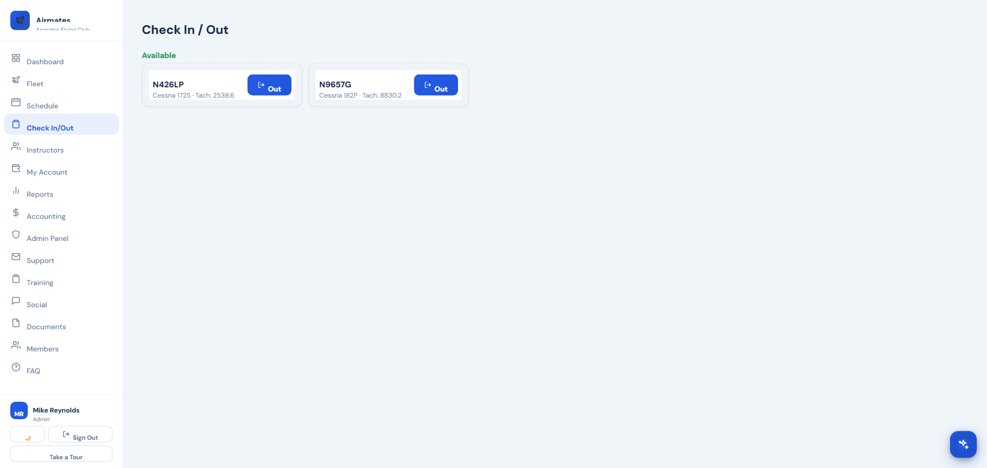Check In / Check Out screenshot from the Airmates platform