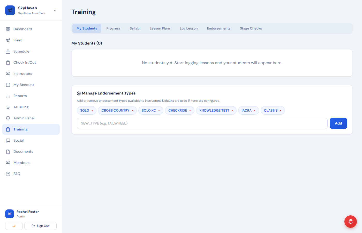 Instructor Management screenshot from the Airmates platform