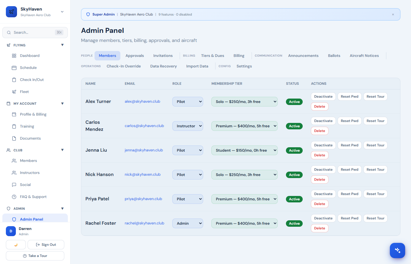 Membership & Tiers screenshot from the Airmates platform