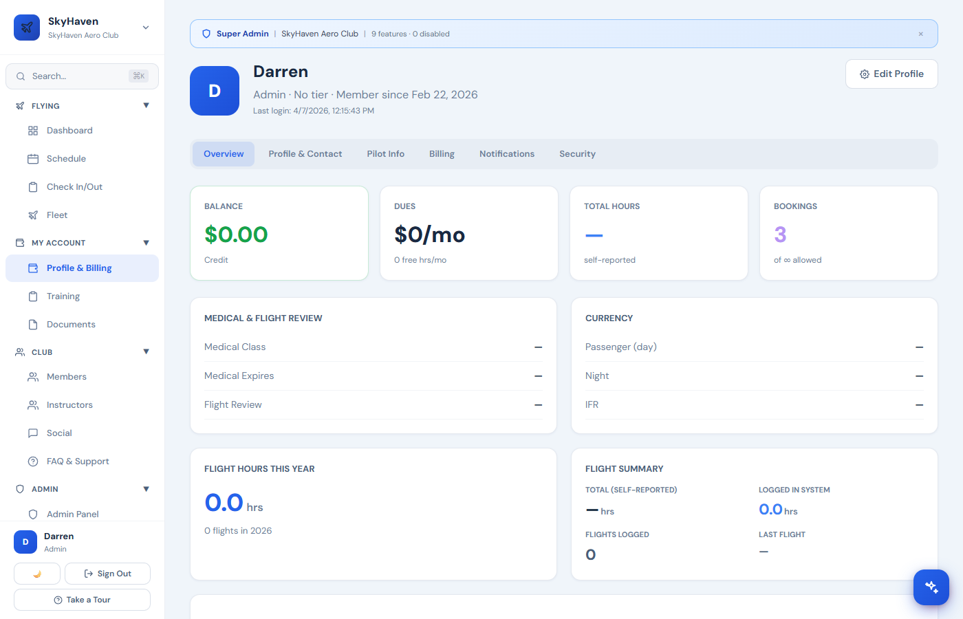 Pilot Currency & Medical screenshot from the Airmates platform