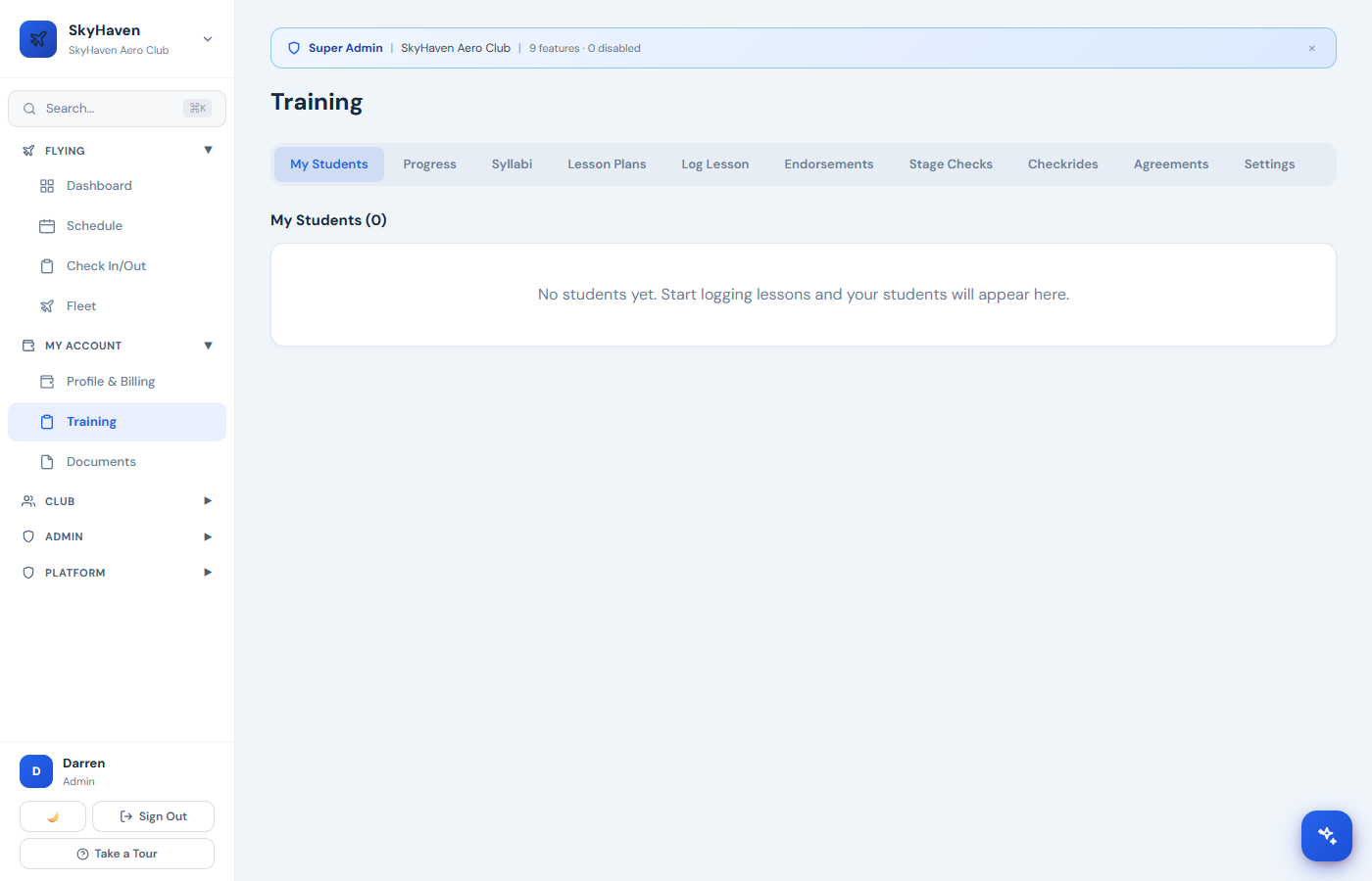 Instructor Management screenshot from the Airmates platform
